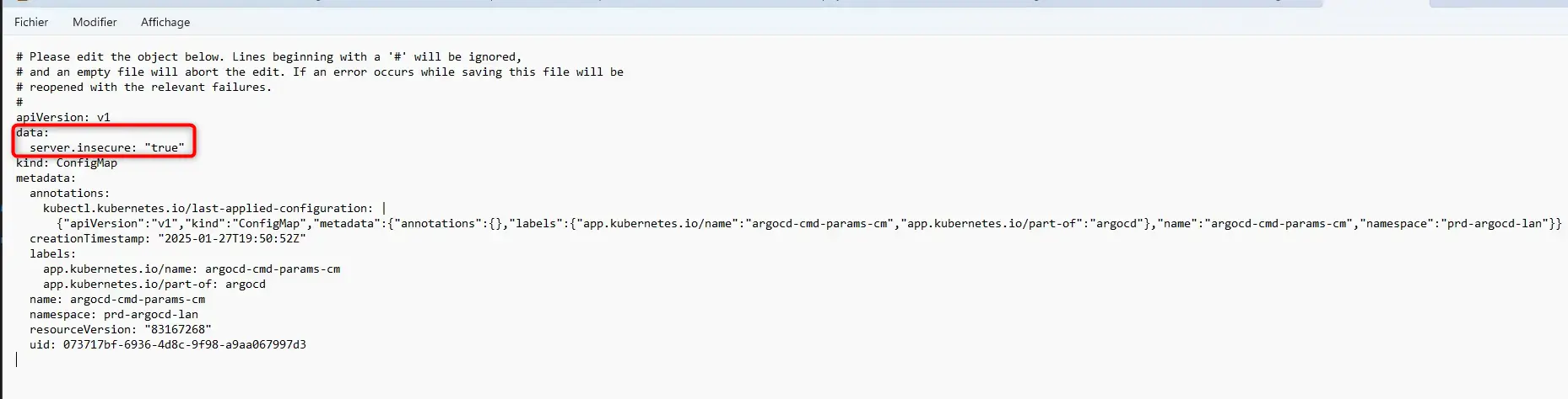Modification de la configuration de argocd