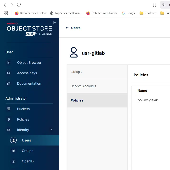 Création du user et association de la policy