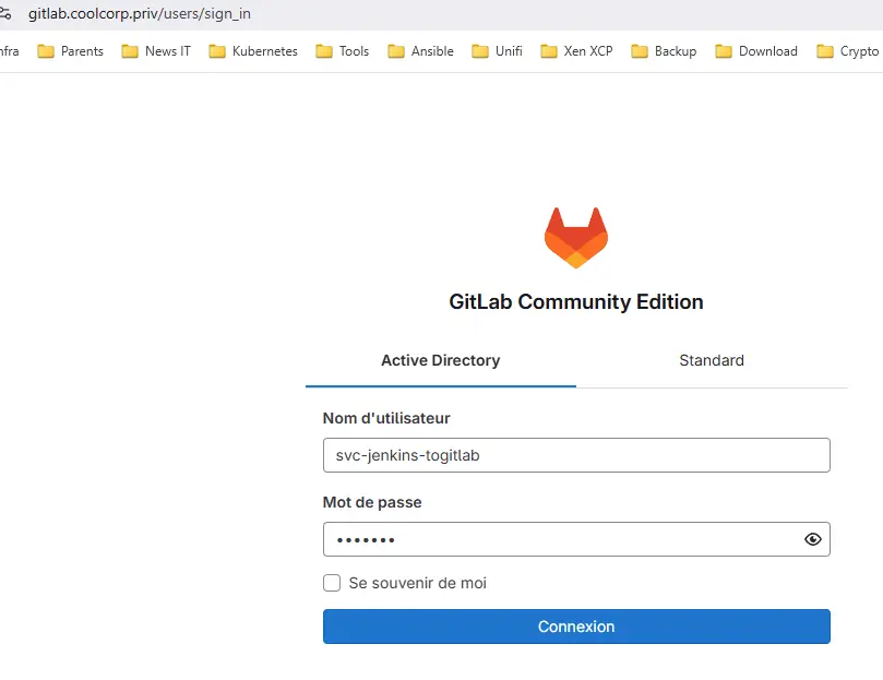 Connexion à GitLab avec le compte de service