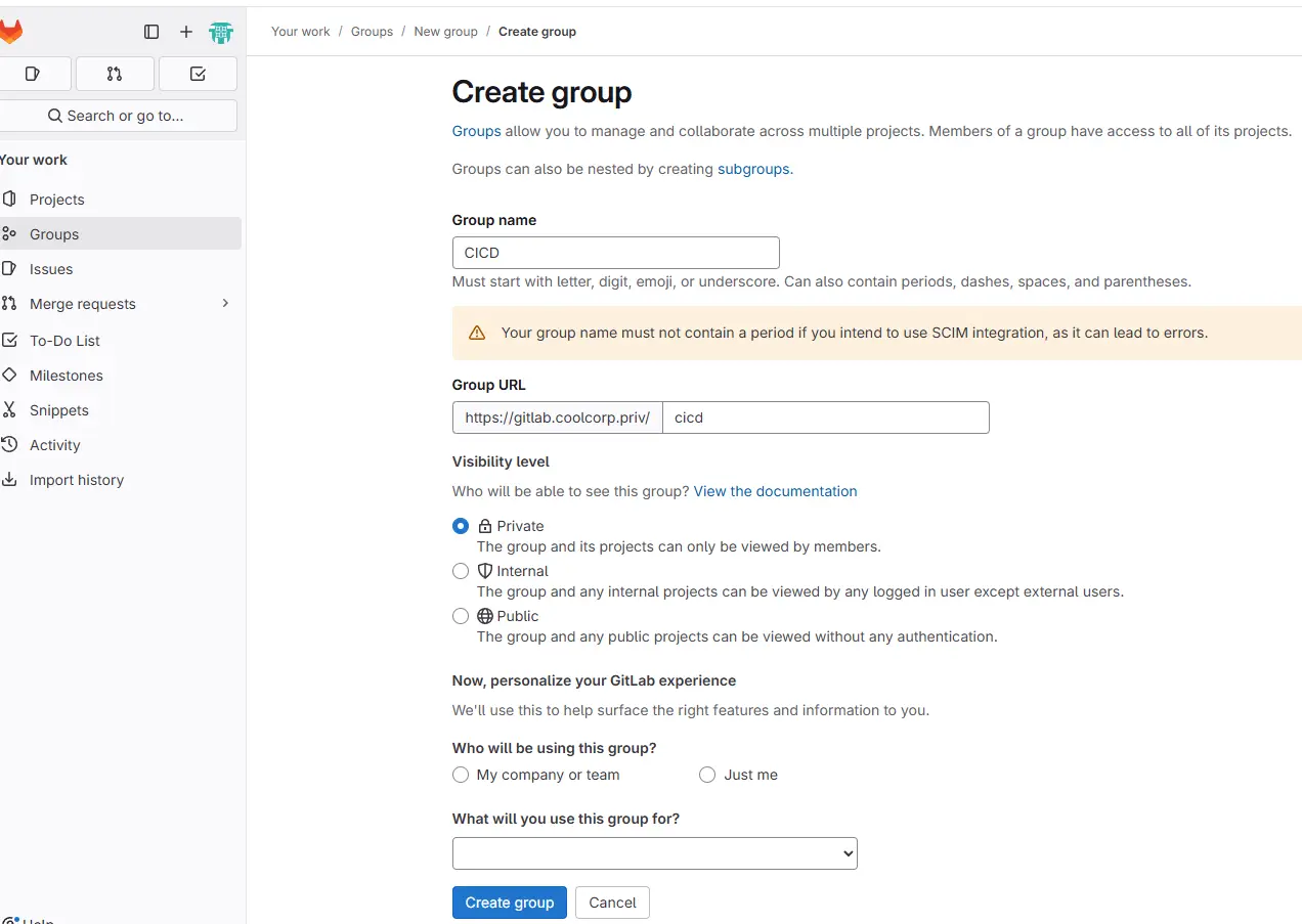 Création du groupe gitlab CICD