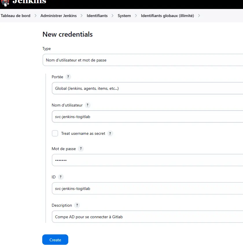 Création d'un credential de type utilisateur et mot de passe