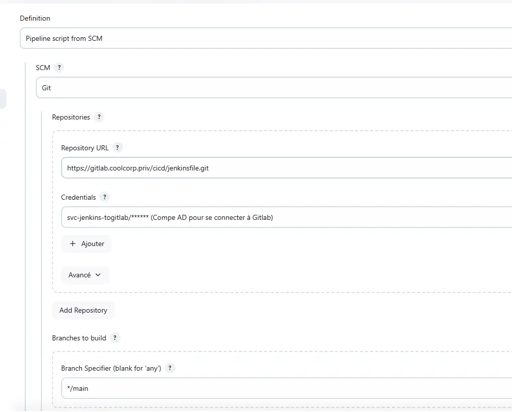 Configuration de la pipeline pour récupérer le code depuis Git