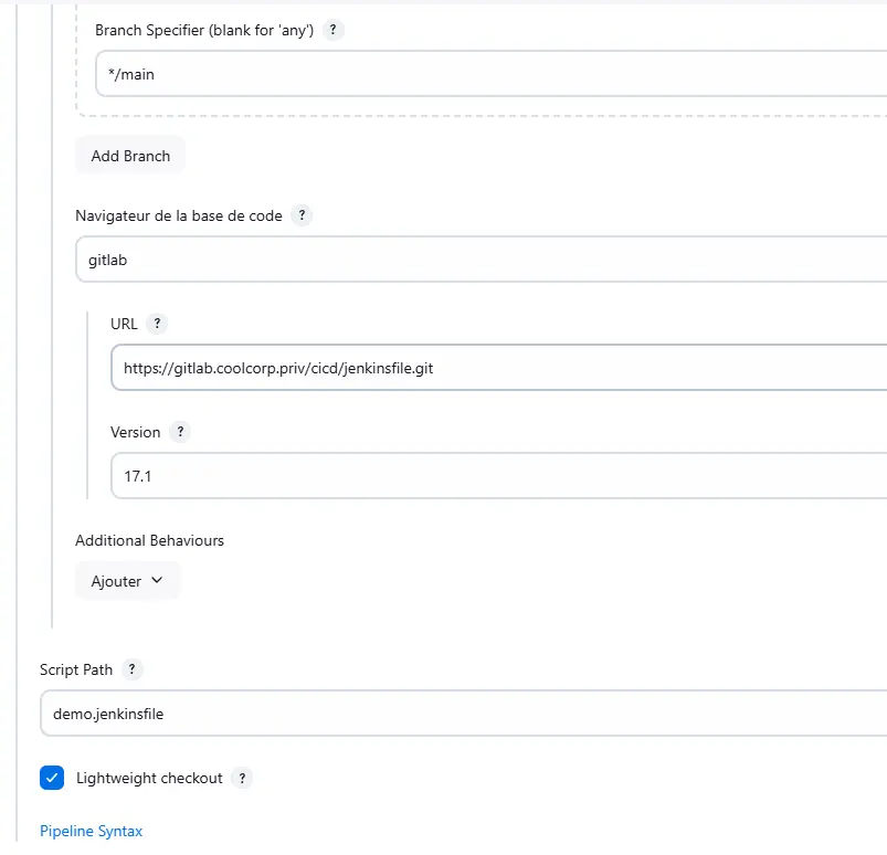 Configuration de la pipeline pour récupérer le code depuis Git