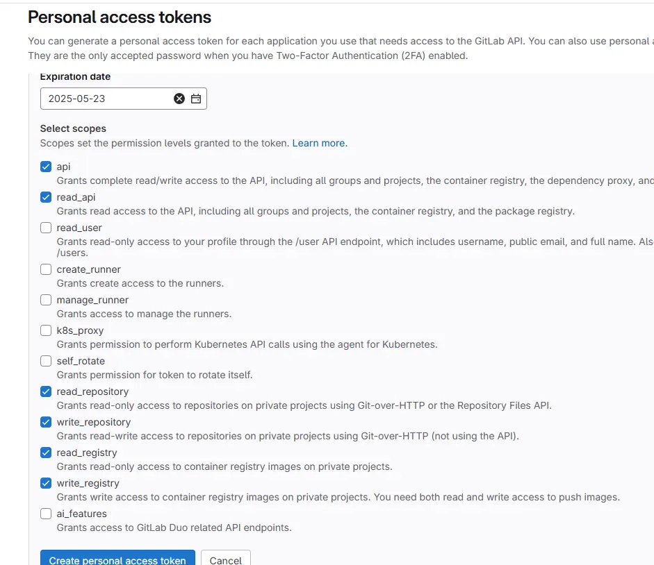 Création du token personnel du compte de service
