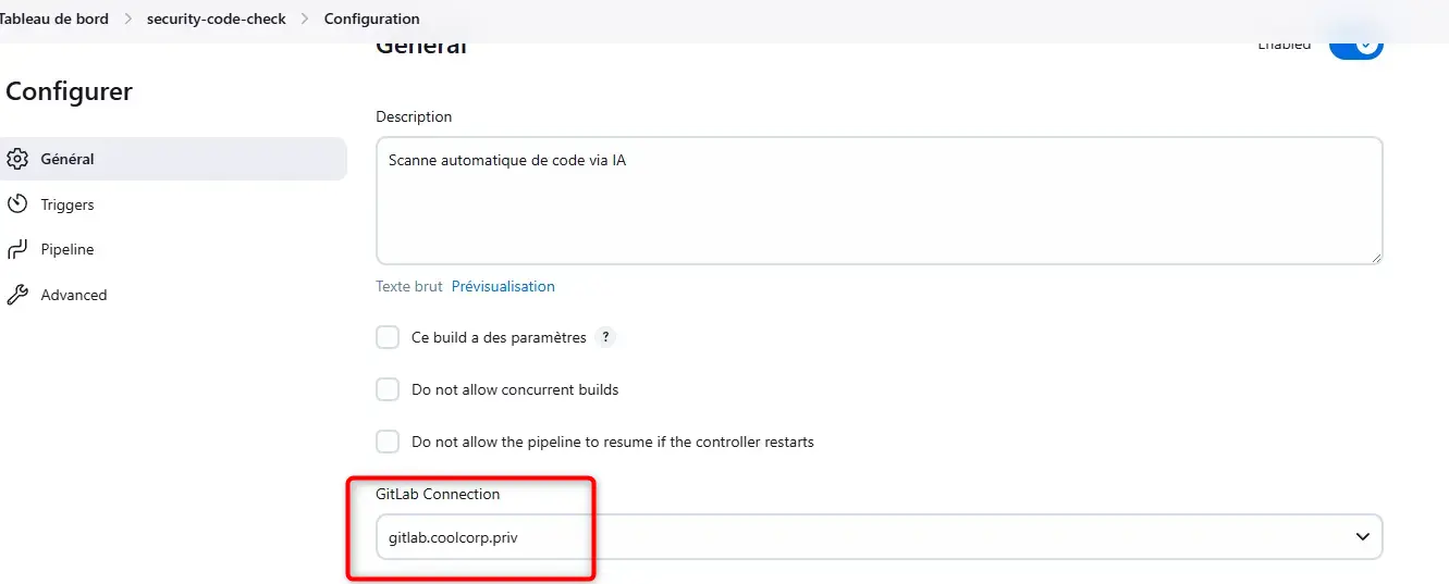 Création de la pipeline avec paramétrage de la connexion gitlab