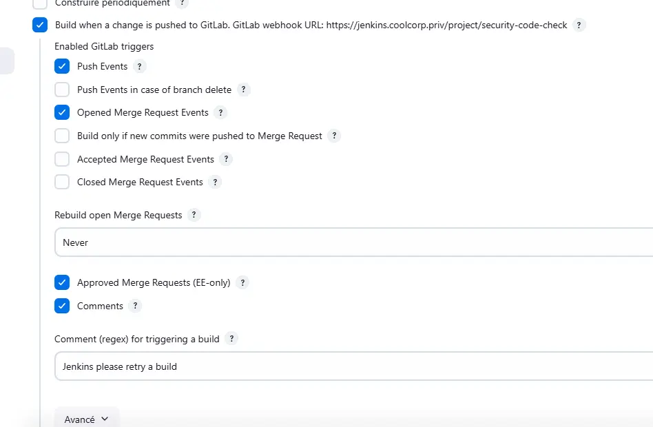 Paramétrage du webhook Jenkins