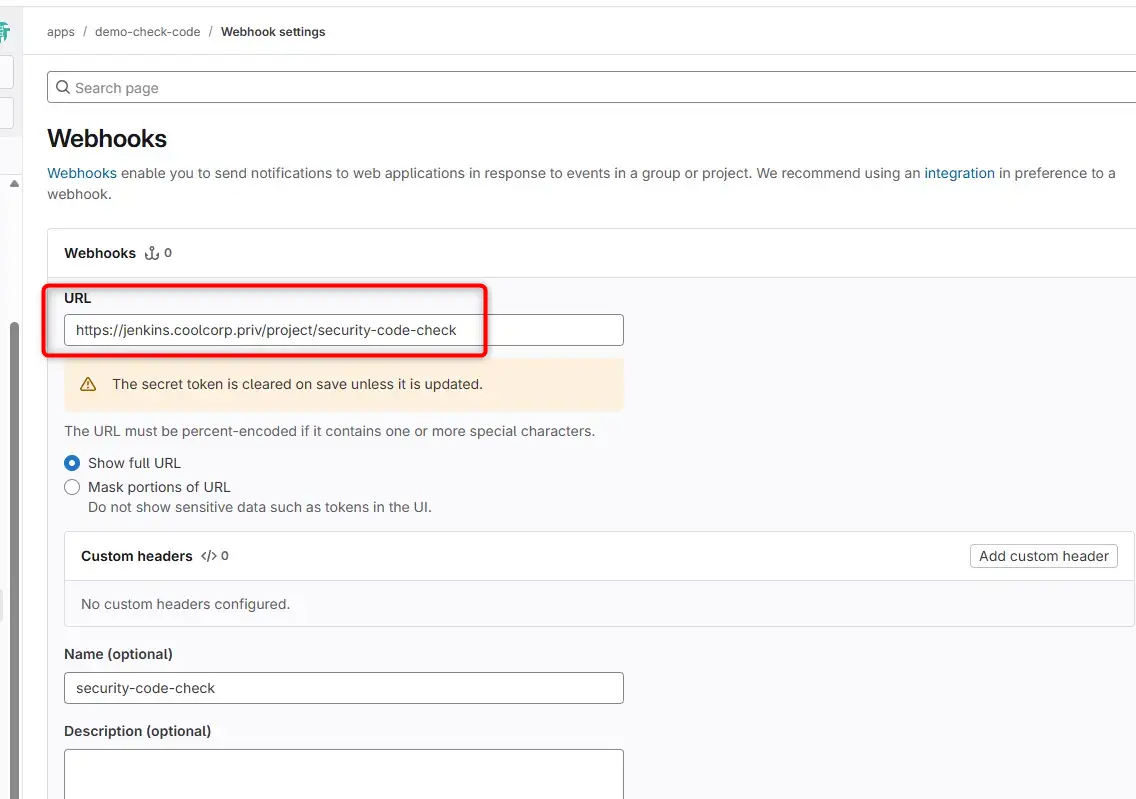 Paramétrage du webhook Gitlab
