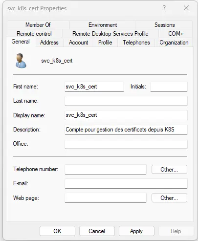 Création du compte de service