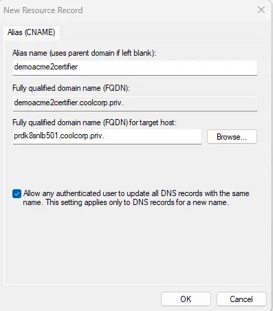 Création de l'enregistrement DNS