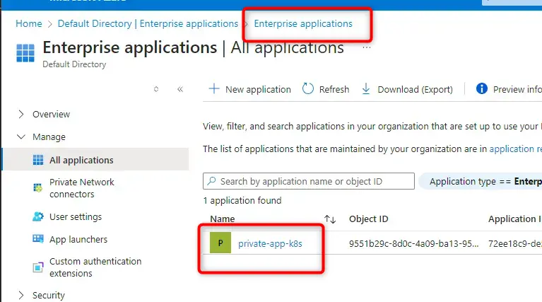 Retour au menu Enterprise Application