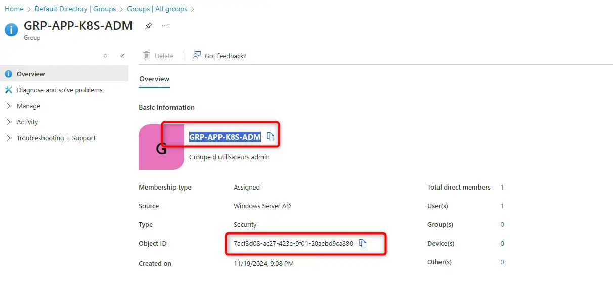 Détail du groupe Azure Entra ID
