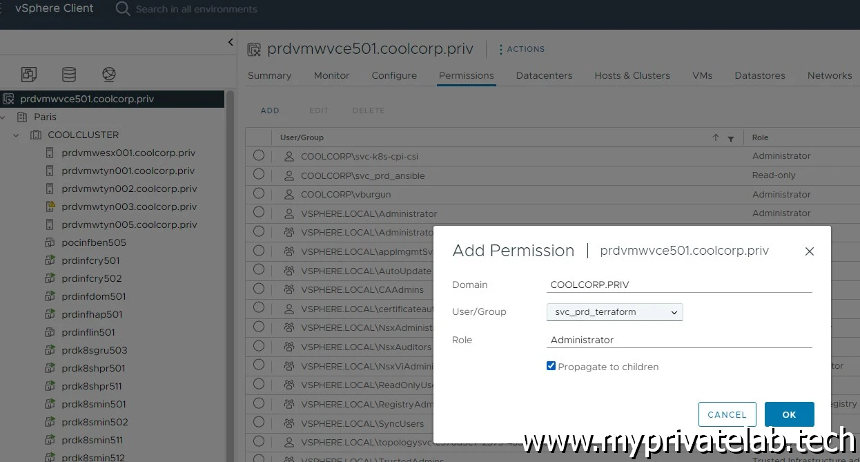Application des droits sur le vCenter