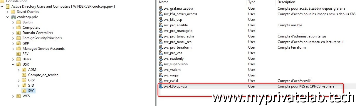 Compte de service pour addon vsphere