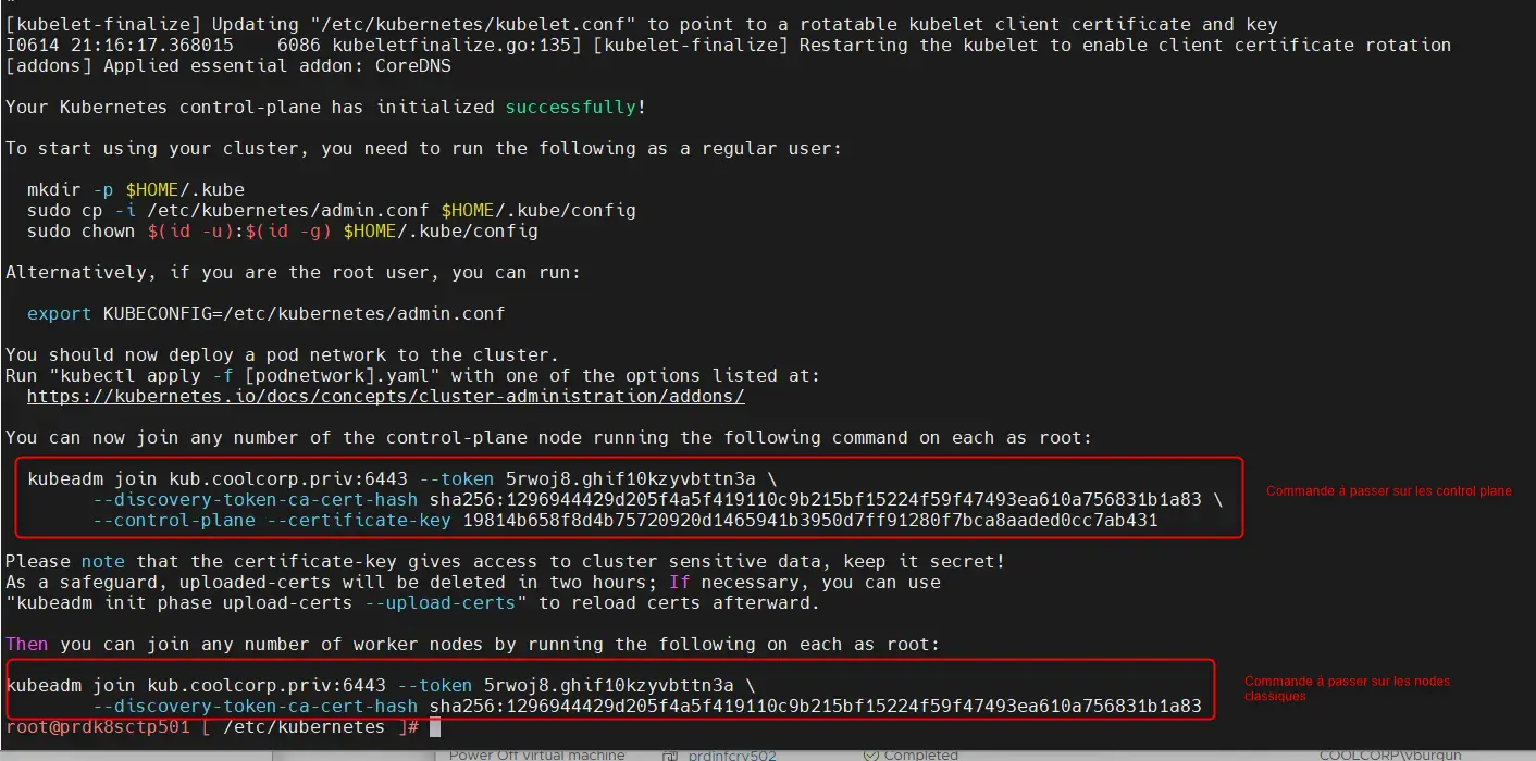 Résultat de la commande kubeadm init --config kubeadm.conf --upload-certs --v=5 --skip-phases=addon/kube-proxy