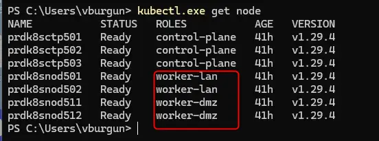 Résultat de kubectl get node avec les labels