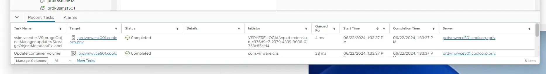 Activité vu coté vCenter