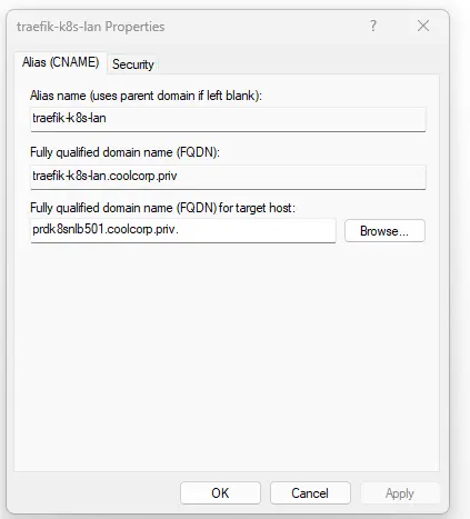 Controle de l'enregistrement DNS (ici sur un DNS Server windows)