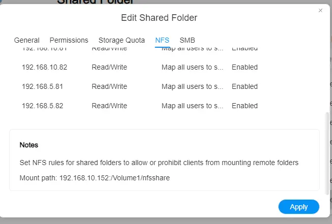 Exemple d'export NFS sur un NAS Terramaster