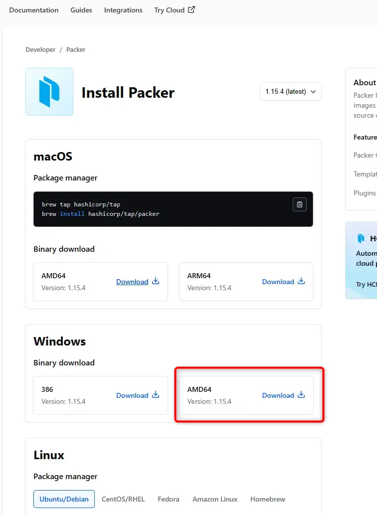 Installation de packer, choix du binaire