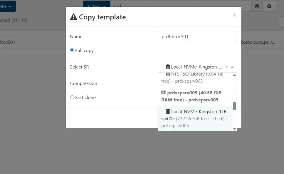 Copie du template vers un autre pool via la fonction copy template de Xen Orchestra