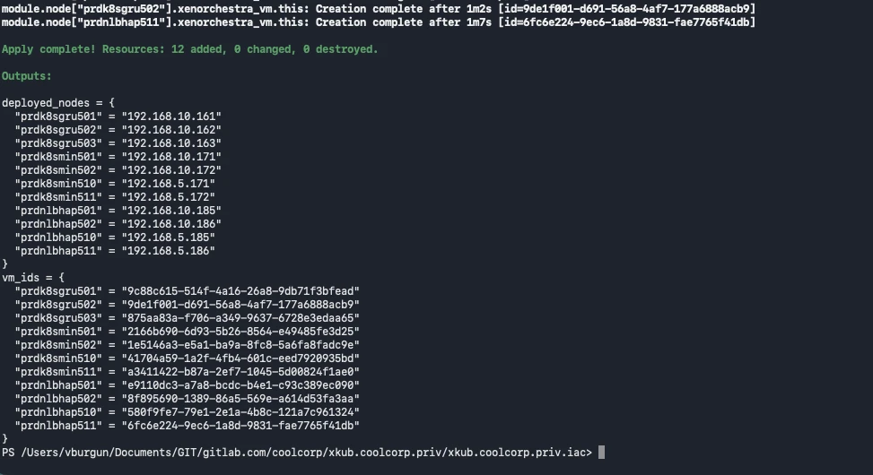 Apply complete : 12 ressources créées, outputs deployed_nodes et vm_ids