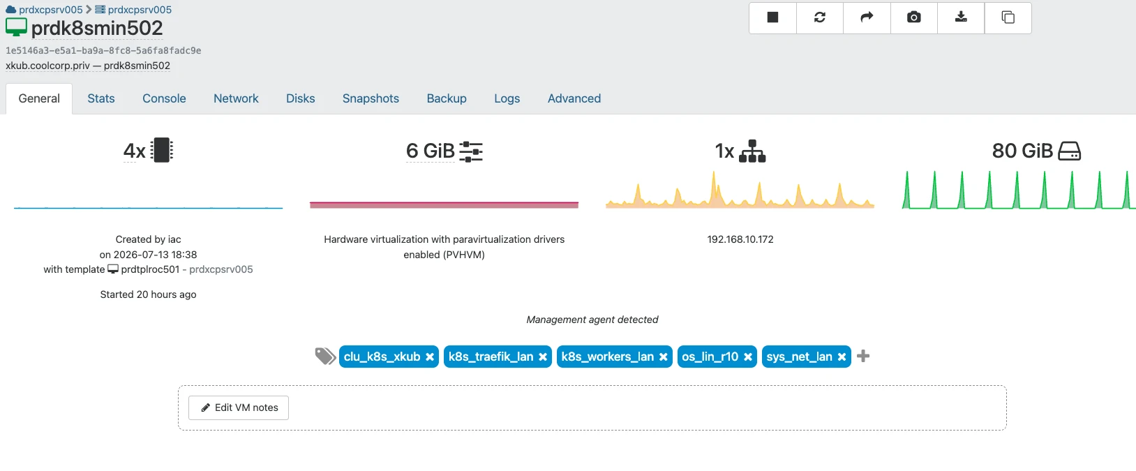 Tags associés à la VM prdk8smin502 (miroir des groupes Ansible)