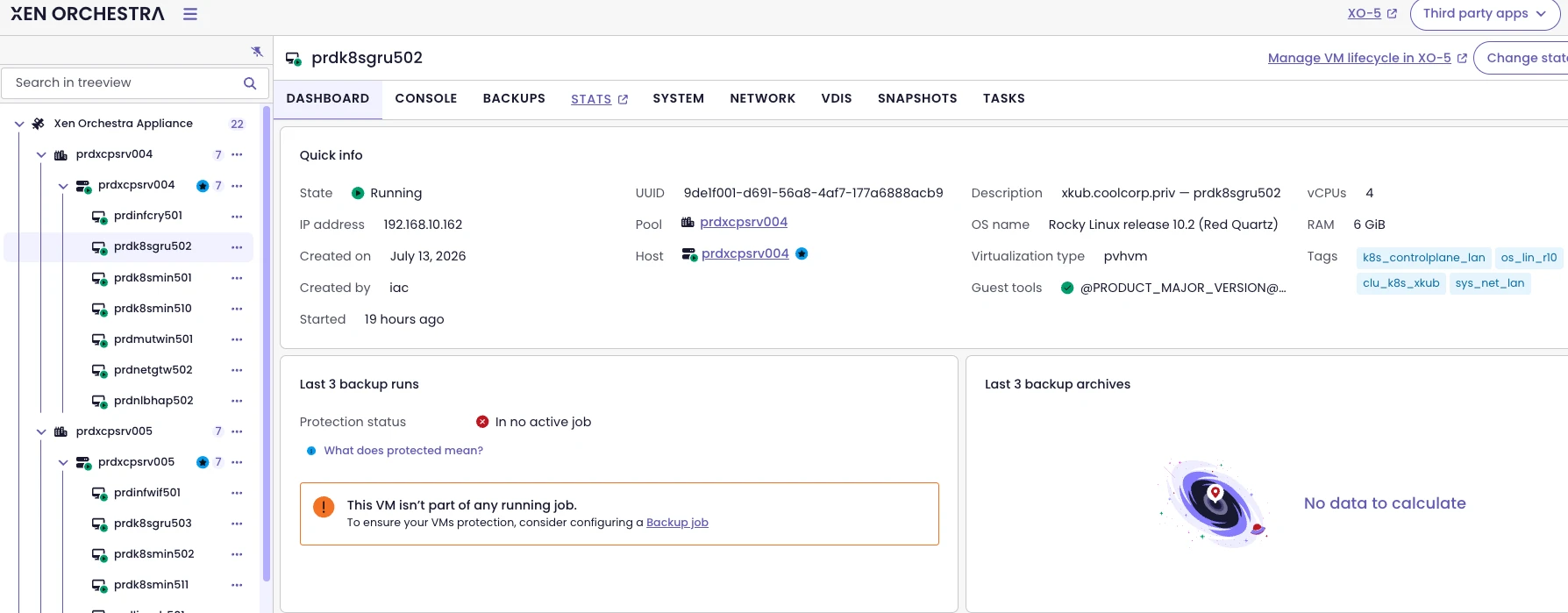 Tags associés à la VM prdk8sgru502 dans Xen Orchestra
