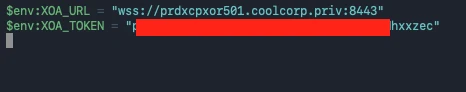 Déclaration des variables d'environnement XOA_URL et XOA_TOKEN sous powershell
