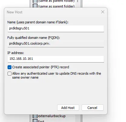 Création des enregistrements DNS des nœuds du cluster sur le DNS interne Windows