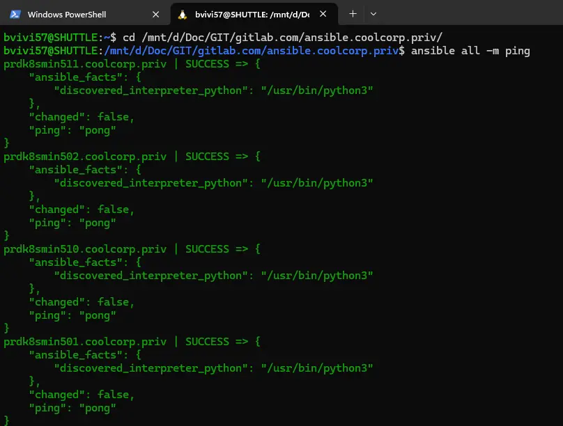 Résultat de la commande ansible all -m ping sur les nœuds du cluster