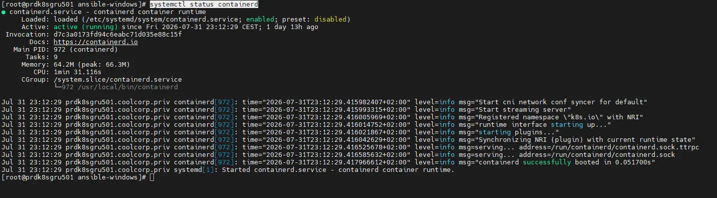 Statut du service containerd sur un nœud Rocky Linux 10