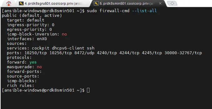 Sortie firewall-cmd --list-all sur un futur worker, avec la plage NodePort
