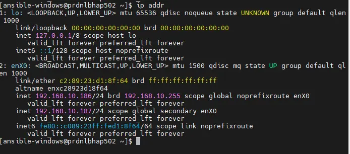 ip addr sur prdnlbhap502 après bascule : la VIP 192.168.10.187 est désormais portée par le nœud BACKUP