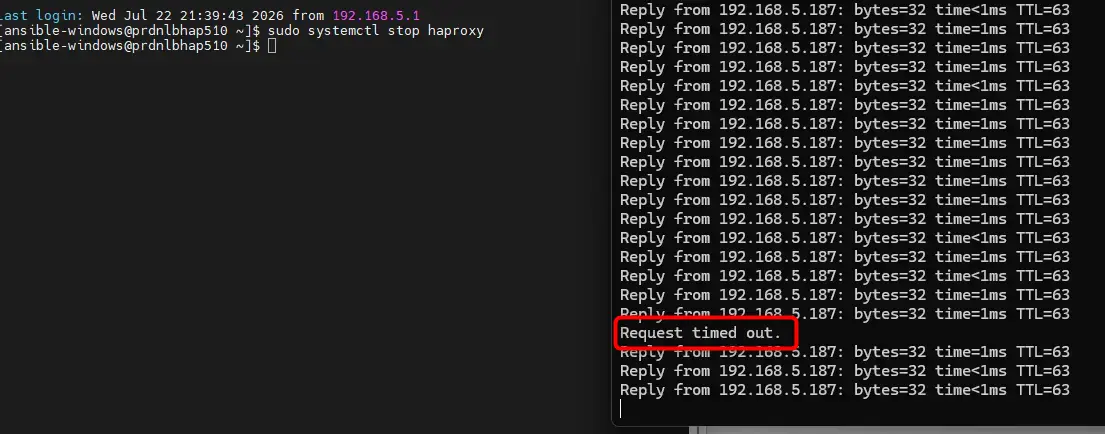 Arrêt du service haproxy sur prdnlbhap510 et perte d'un paquet sur le ping de la VIP 192.168.5.187