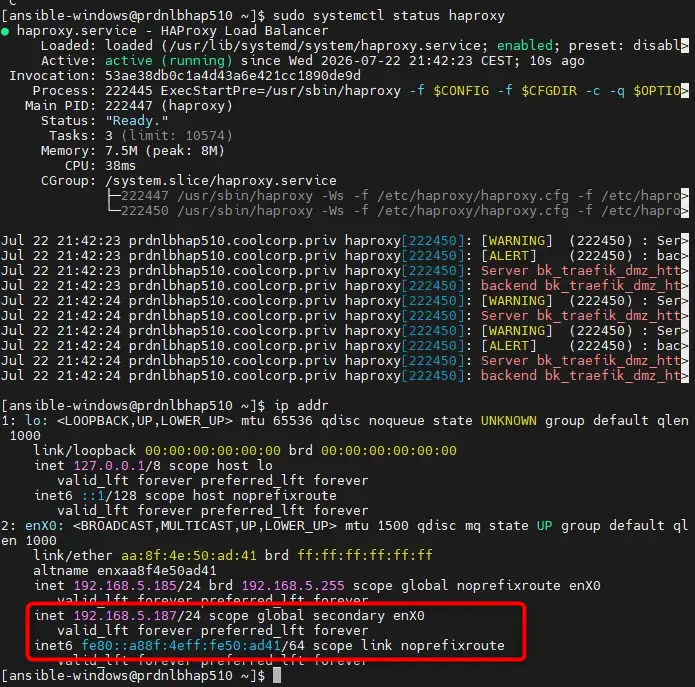 Service haproxy relancé sur prdnlbhap510 : la VIP 192.168.5.187 revient sur le nœud MASTER