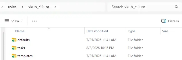 Arborescence du rôle Ansible xkub_cilium : dossiers defaults, tasks et templates