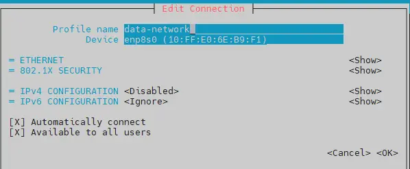 Usage de nmtui: profil data-network