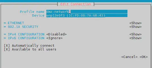 Usage de nmtui: profil dmz-network