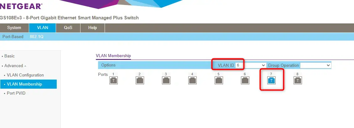 Configuration du switch: tag du VLAN6
