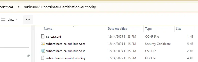 Ensemble certificat clef pour la subordonate CA