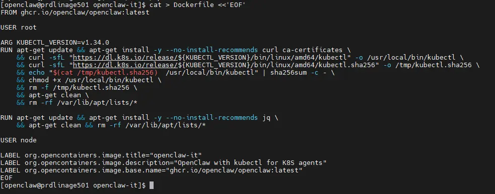 Dockerfile de l'image custom de l'agent it-claw basée sur l'image officielle d'OpenClaw et incluant kubectl et jq