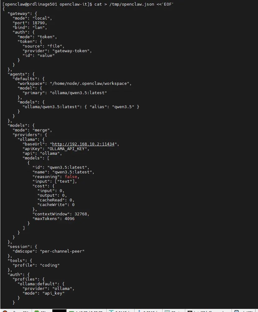 Configuration openclaw.json pour l'agent it-claw avec les paramètres de gateway, d'agent, de modèle, d'authentification, de secrets et de plugins