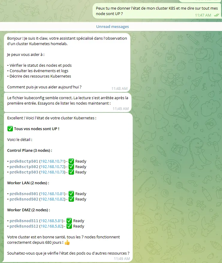 Exemple d'interaction avec l'agent it-claw via Telegram, avec une question sur l'état du cluster Kubernetes et la réponse détaillée de l'agent