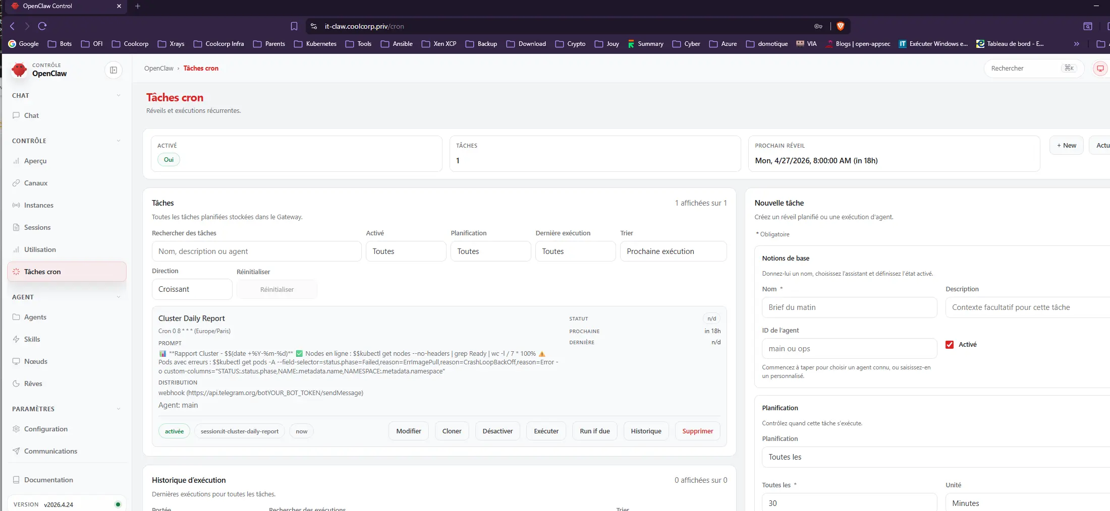 Interface de l'agent it-claw, avec la liste des conversations, les options de configuration et les outils disponibles