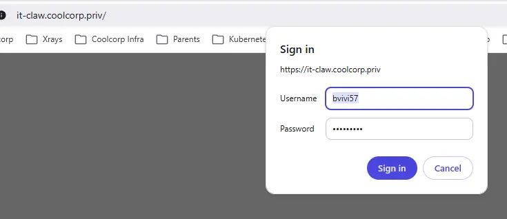 Authentification réussie à la GUI d'OpenClaw via NGINX, avec la page de login demandant les identifiants et l'accès autorisé après saisie