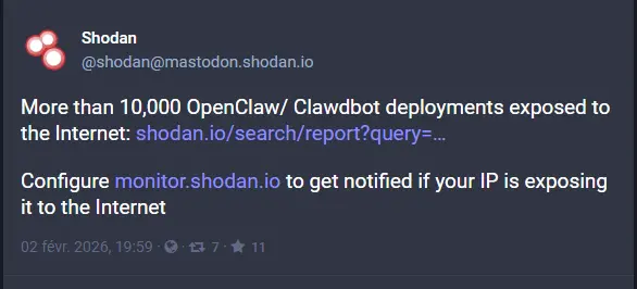 Instance OpenClaw vu sur Shodan