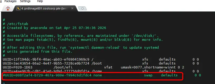 Désactivation de la swap dans fstab