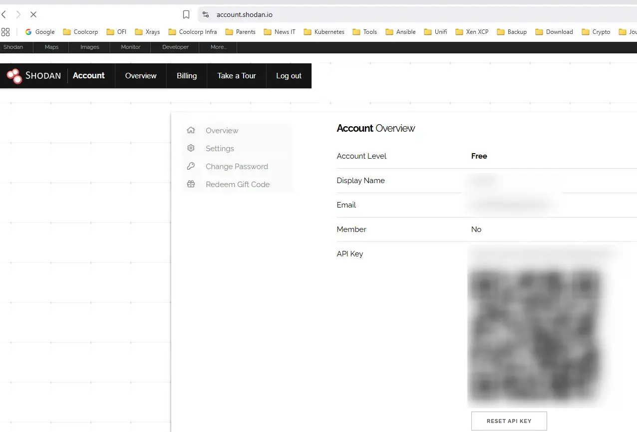 Récupération d'une clef API pour shodan