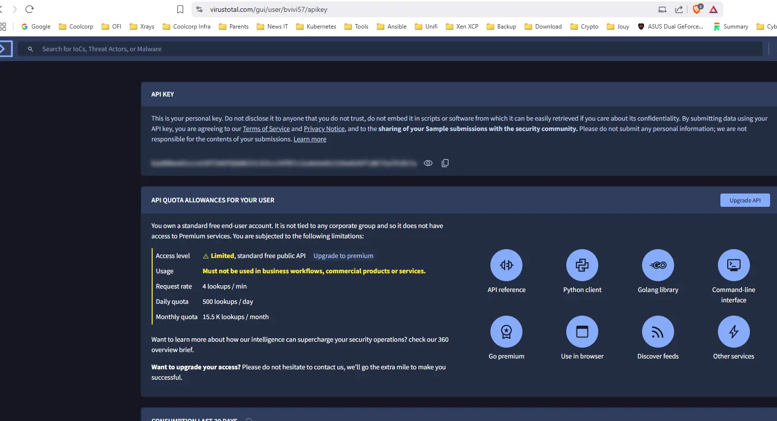 Récupération d'une clef API pour virustotal