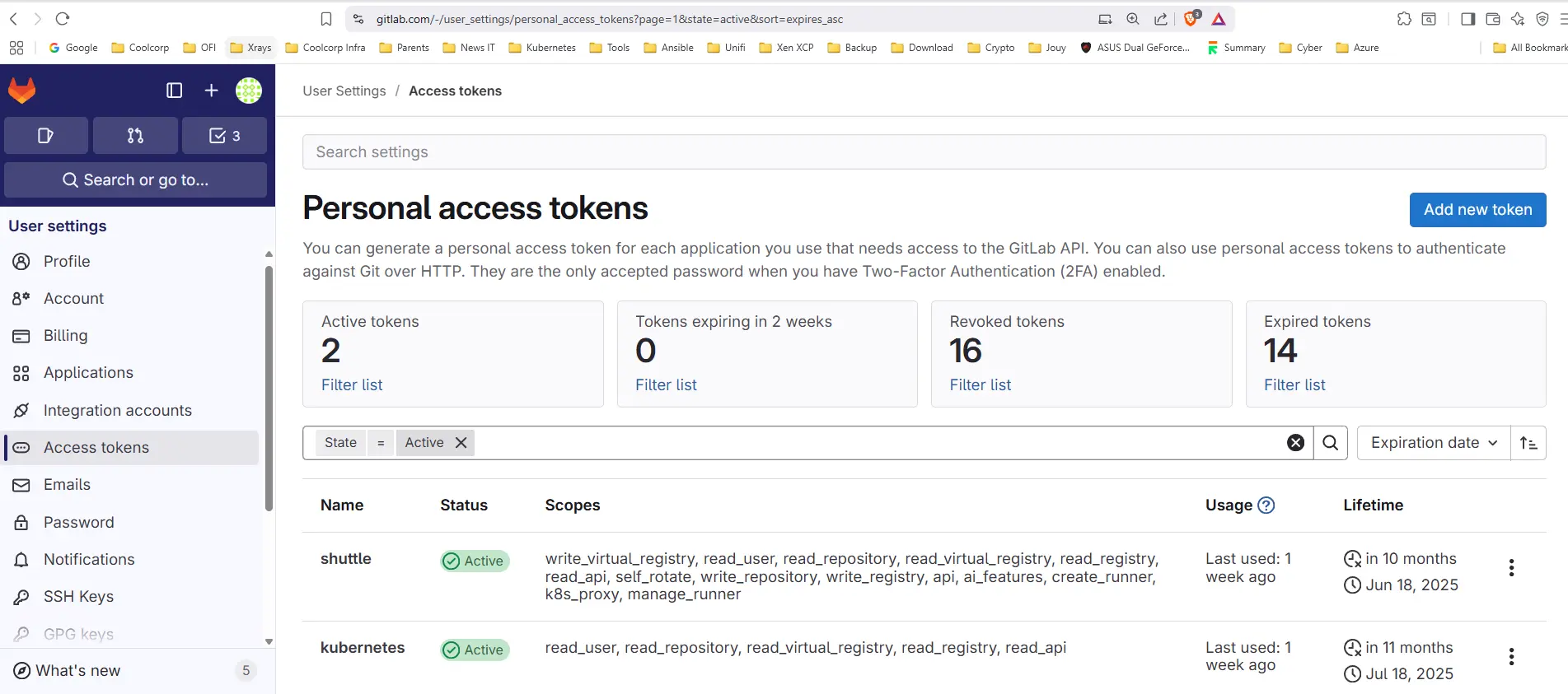 Récupération d'un token pour gitlab